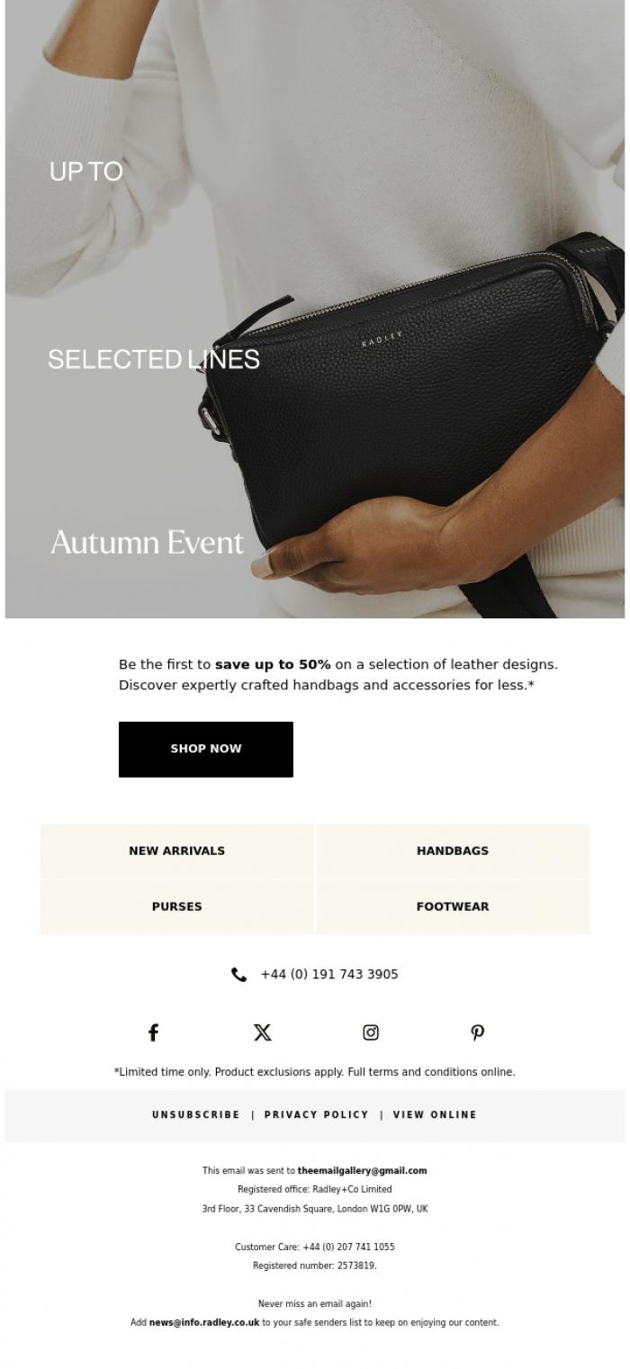 Email Design Inspiration from Radley, Up to 50% off starts now!