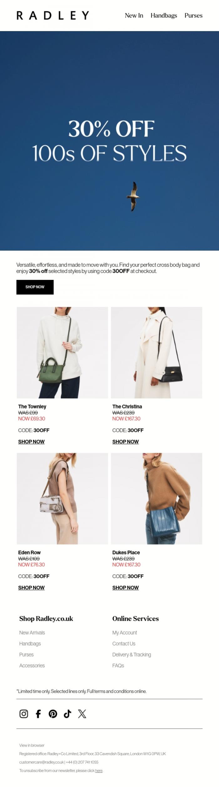 Email Design Inspiration from Radley, Shop cross body bags at 30% off