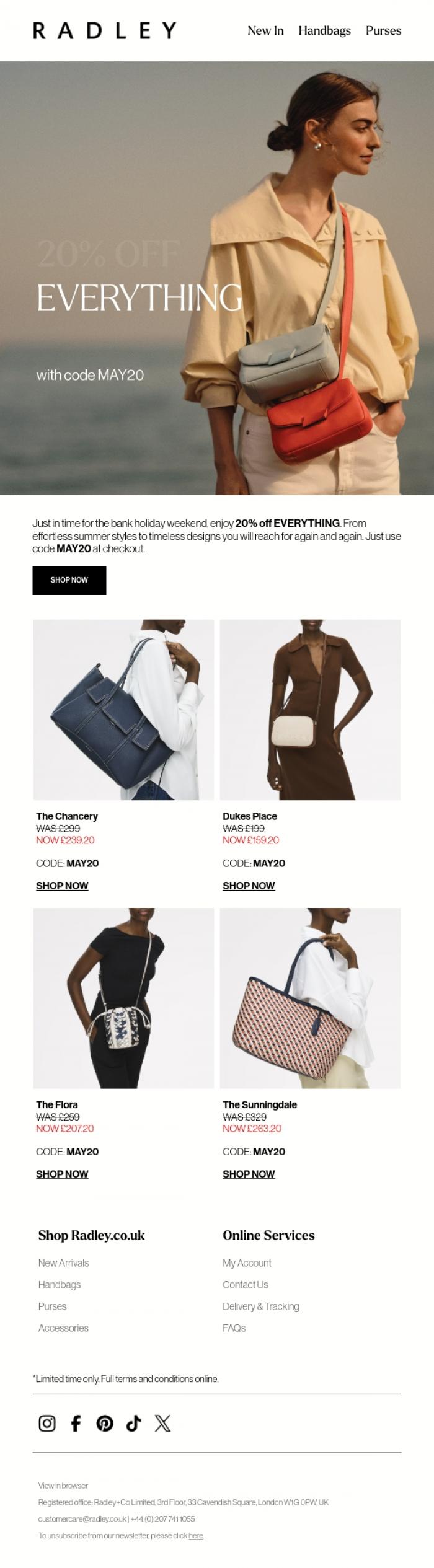 Email Design Inspiration from Radley, 20% off EVERYTHING starts now