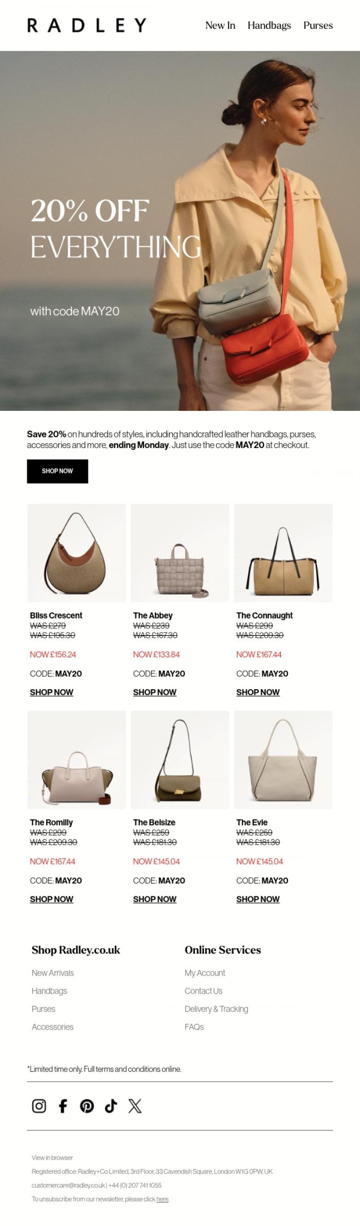 Email Design Inspiration from Radley, 20% off EVERYTHING ends Monday