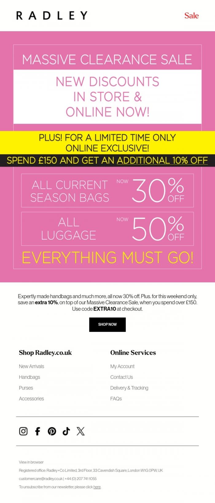 Email Design Inspiration from Radley, Everything reduced! Extra savings this weekend only