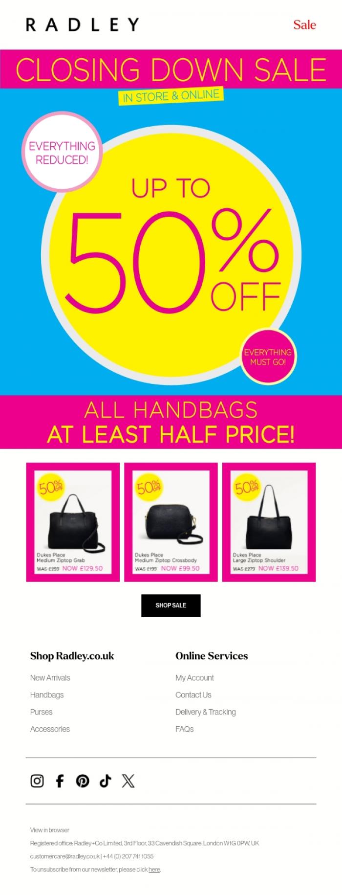 Email Design Inspiration from Radley, Open for half price handbags