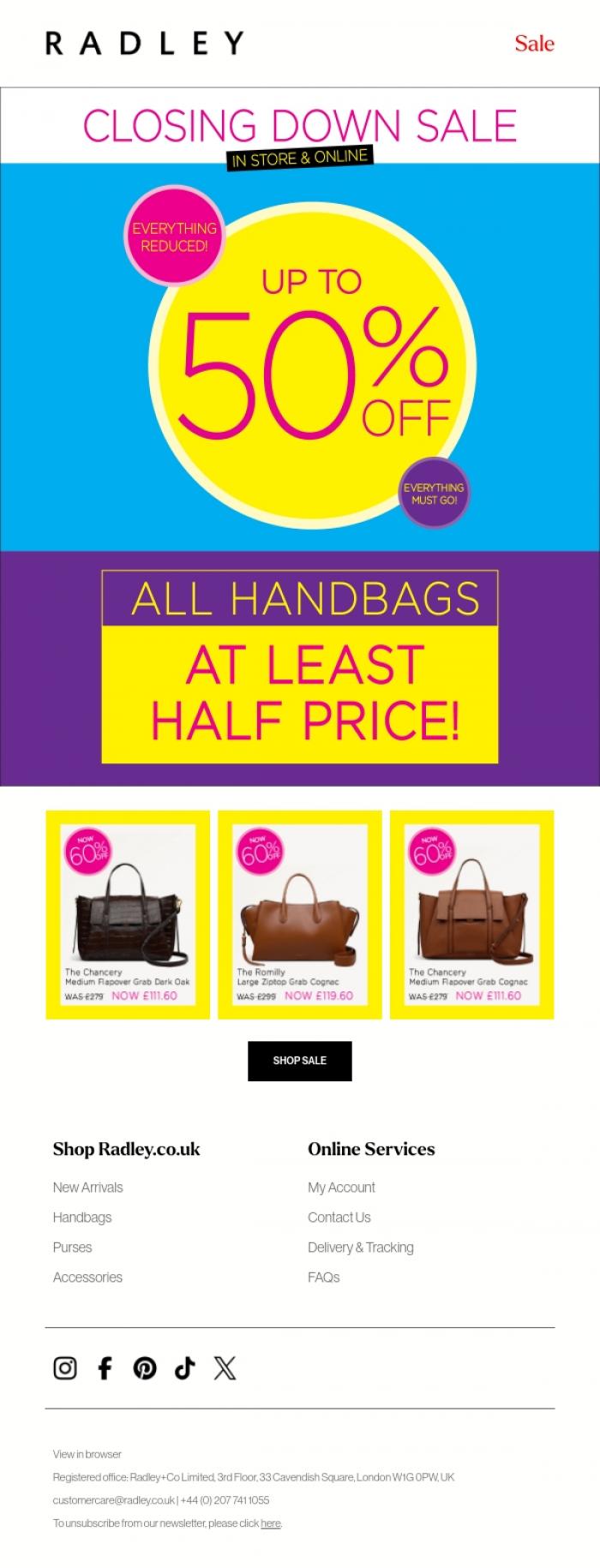 Email Design Inspiration from Radley, Up to 50% off. Hurry while stocks last!
