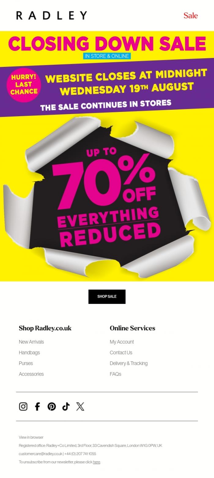 Email Design Inspiration from Radley, Last chance, website closes tomorrow!