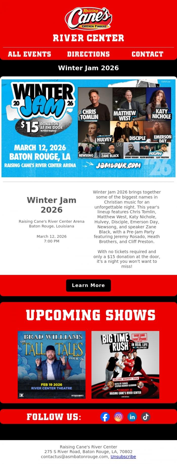 Email Design Inspiration from Raising Cane's River Center, JUST ANNOUNCED: Winter Jam 2025 in Baton Rouge