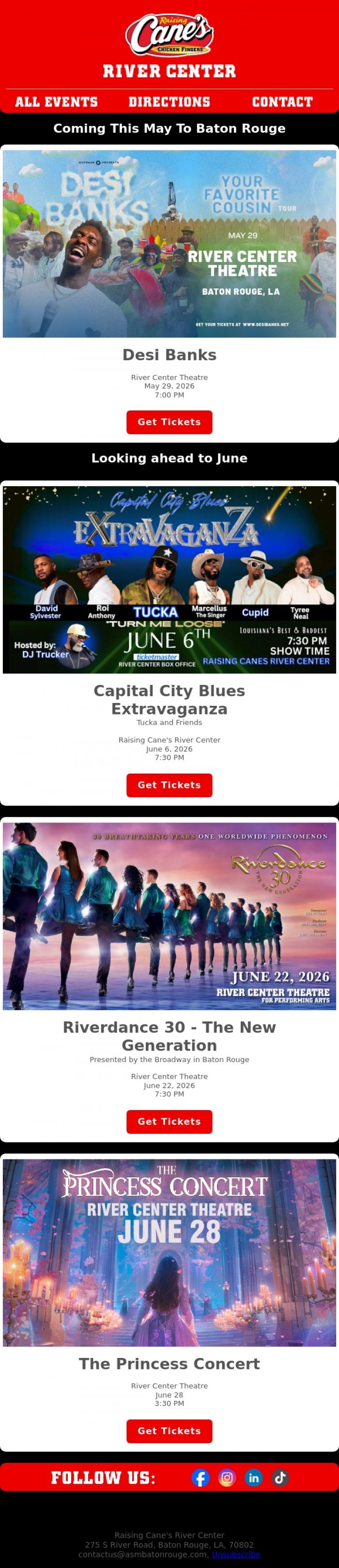 Email Design Inspiration from Raising Cane's River Center, Coming This May To Baton Rouge At The Raising Cane's River Center!