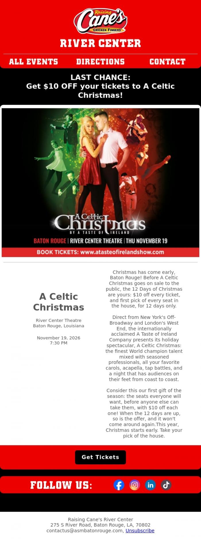 Email Design Inspiration from Raising Cane's River Center, Last Chance: 12 Days of Christmas Comes Early!