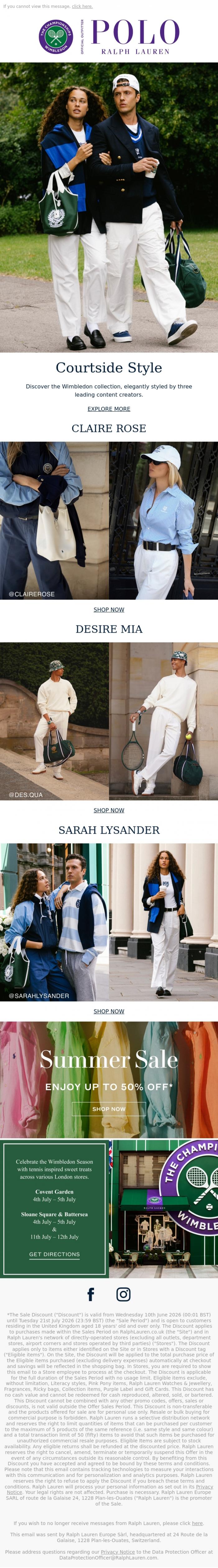 Email Design Inspiration from Ralph Lauren, Your Wimbledon Style Inspiration