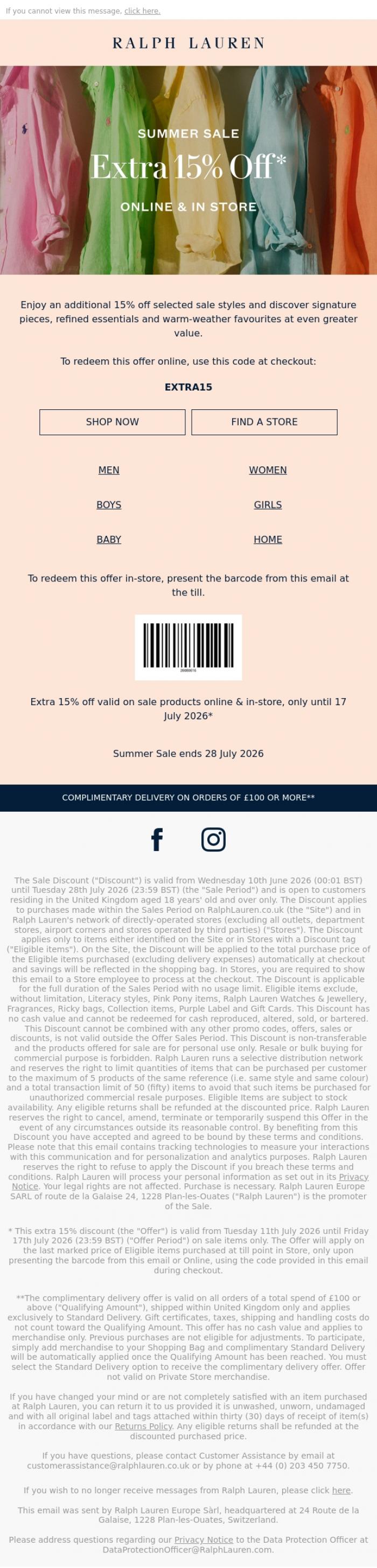 Email Design Inspiration from Ralph Lauren, Limited time only | Extra 15% off&nbsp;