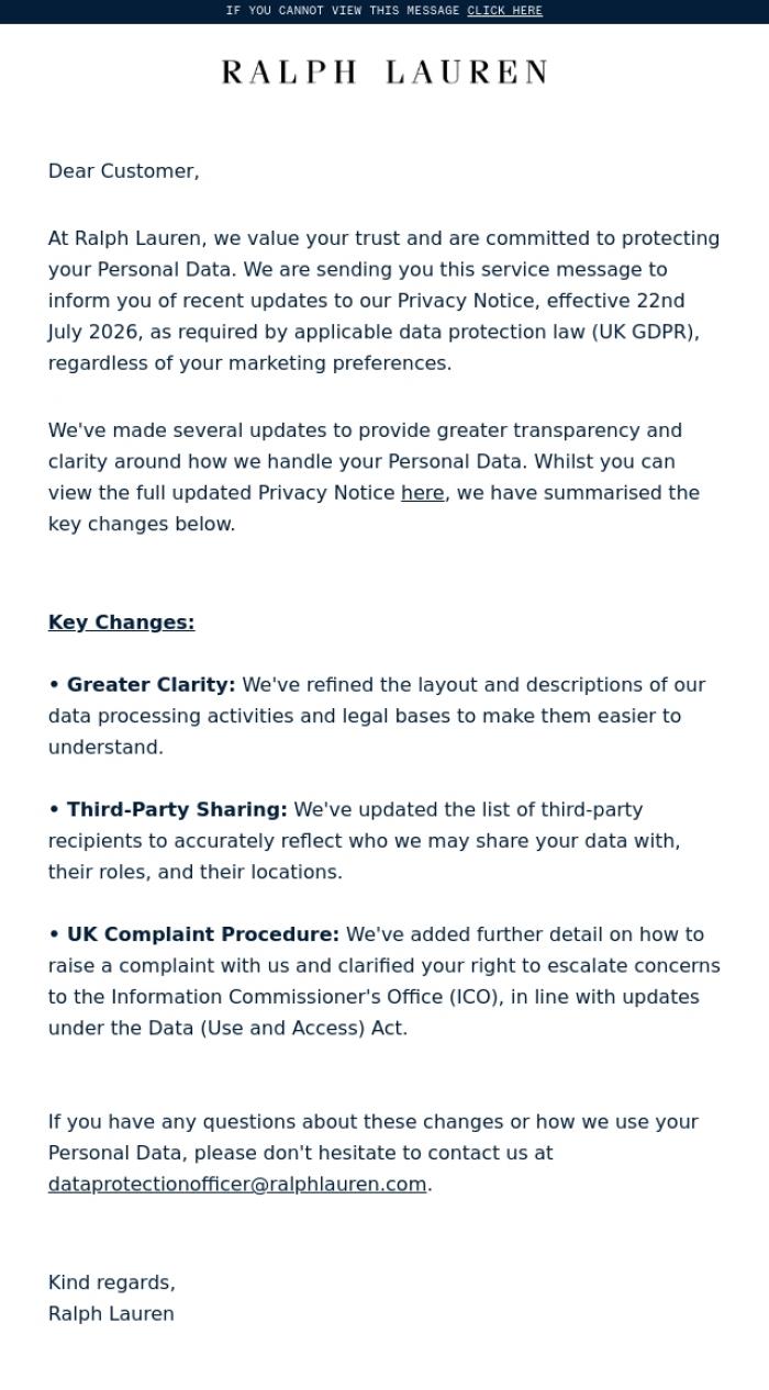 Email Design Inspiration from Ralph Lauren Customer Assistance, Updates to our Privacy Notice