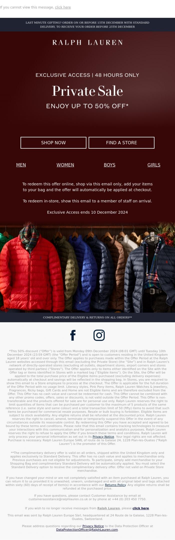 Email Design Inspiration from Ralph Lauren UK, Enjoy Exclusive Private Sale Access | 48 Hours Only