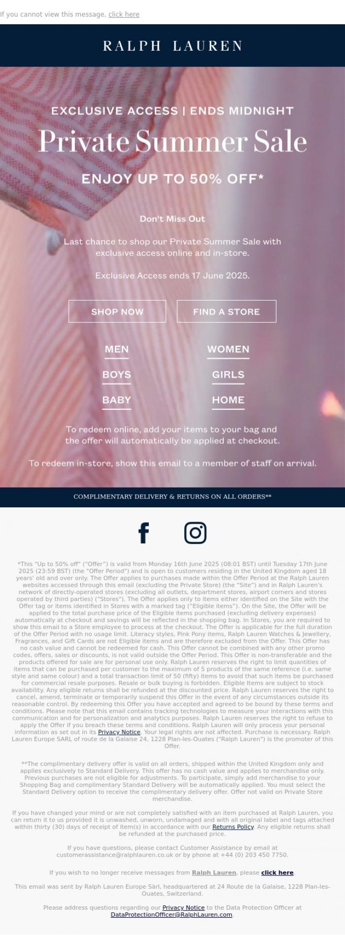 Email Design Inspiration from Ralph Lauren UK, Your Exclusive Access Ends Midnight