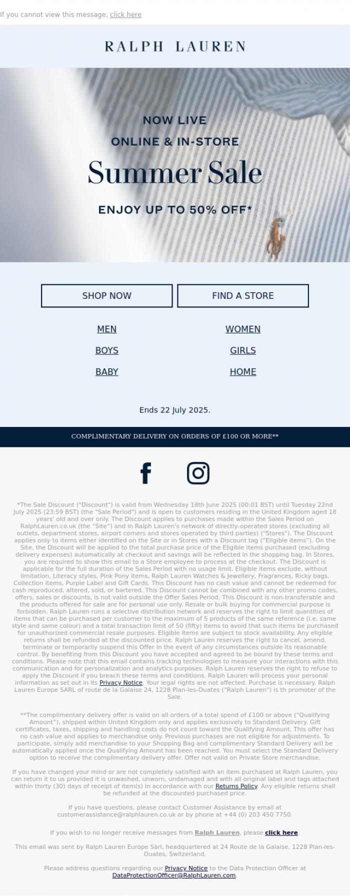 Email Design Inspiration from Ralph Lauren UK, Our Summer Sale is Now Live | Up To 50% Off