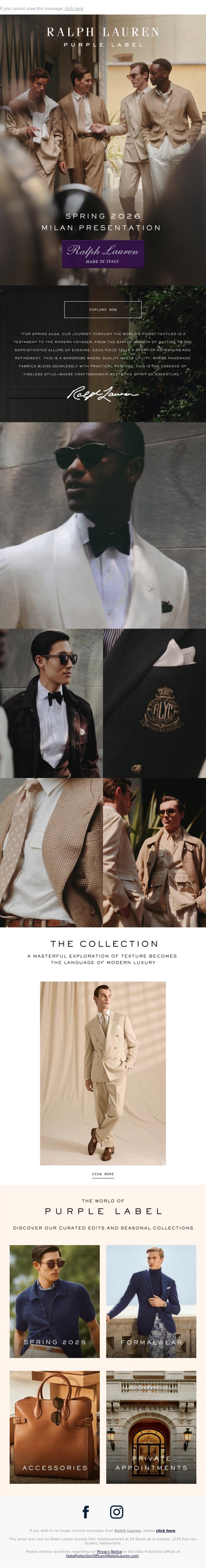 Email Design Inspiration from Ralph Lauren UK, Purple Label | Presenting Spring 2026 in Milan