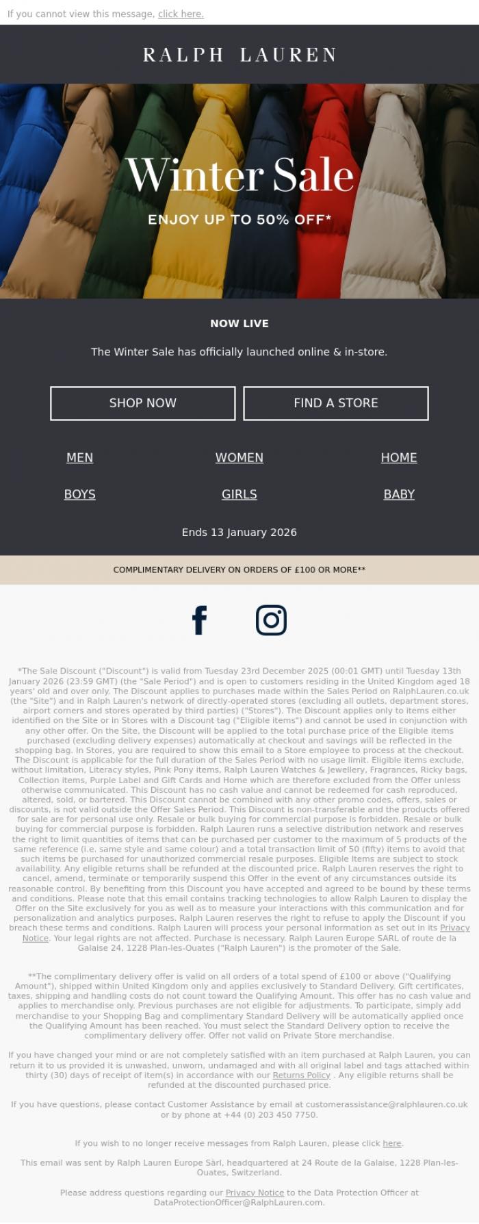 Email Design Inspiration from Ralph Lauren UK, The Winter Sale Has Launched