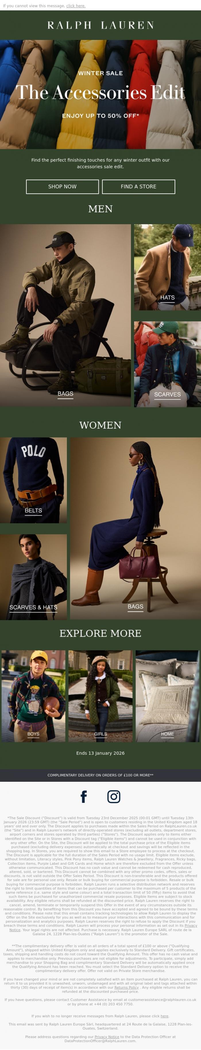 Email Design Inspiration from Ralph Lauren UK, Finishing Touches: The Winter Sale Accessories Edit