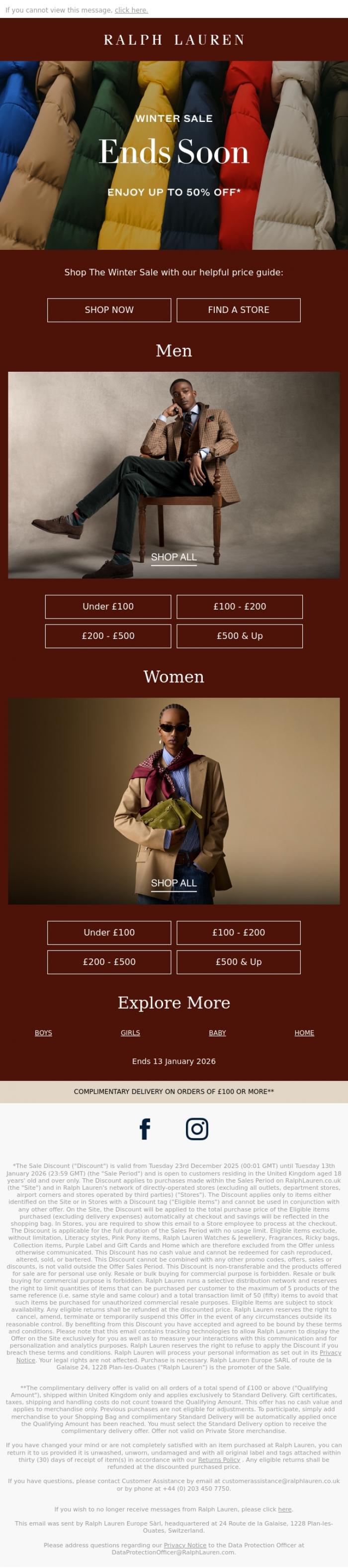 Email Design Inspiration from Ralph Lauren UK, Not Long Left To Shop Up To 50% Off