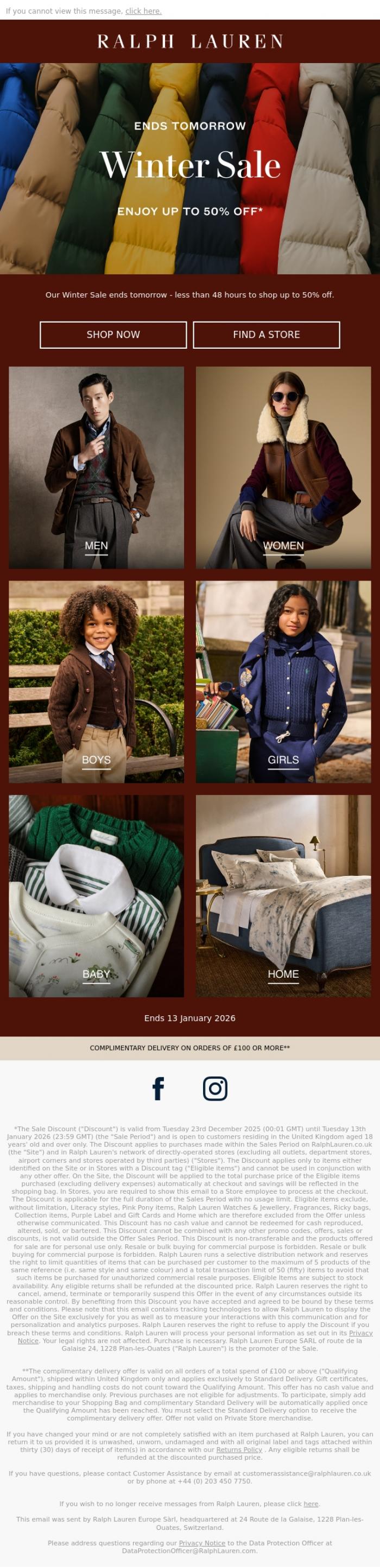 Email Design Inspiration from Ralph Lauren UK, Less Than 48 Hours To Shop The Winter Sale