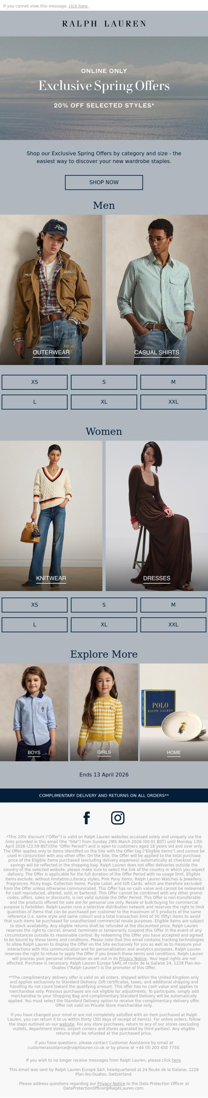 Email Design Inspiration from Ralph Lauren UK, Exclusive Spring Offers by Category and Size
