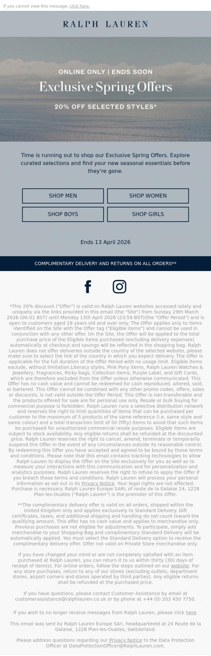Email Design Inspiration from Ralph Lauren UK, Spring Offers | 20% Off Ends Soon
