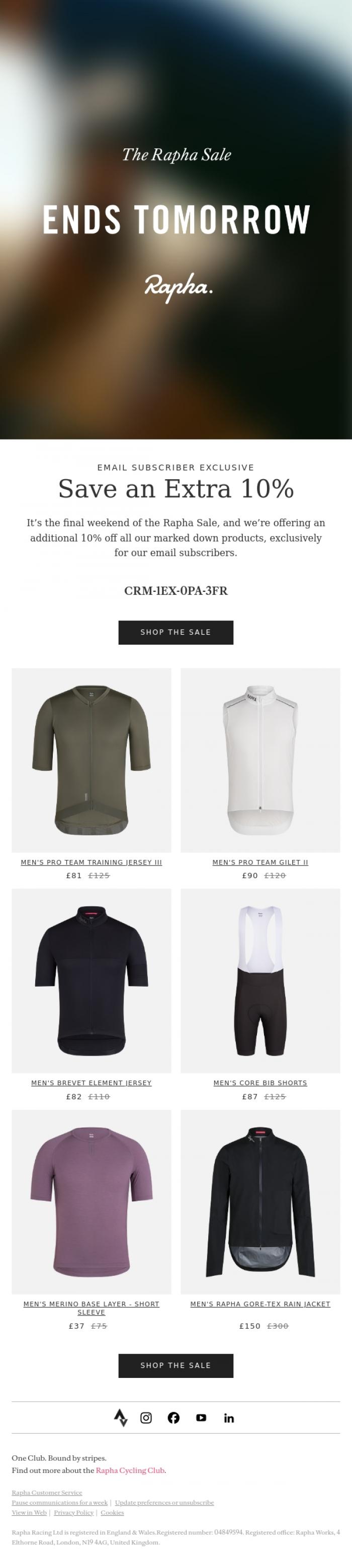 Email Design Inspiration from Rapha, Your exclusive extra 10% off in the Rapha Sale