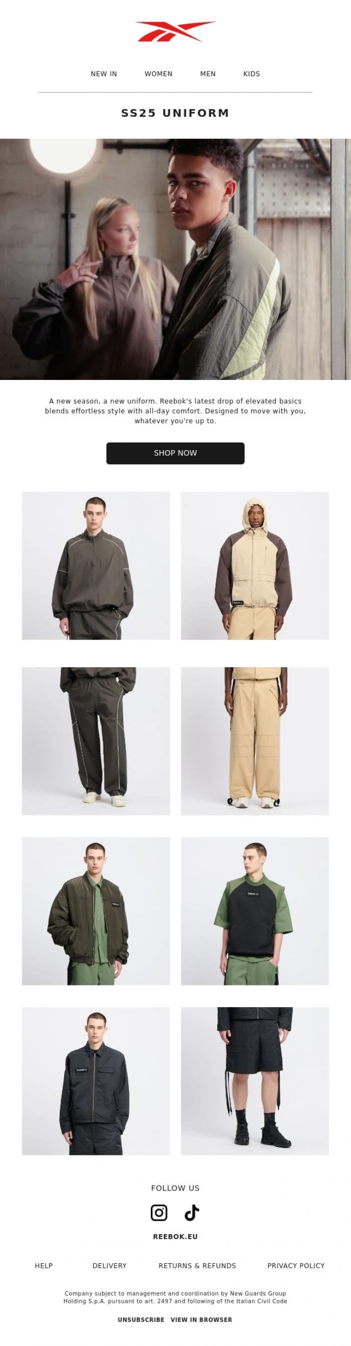 Email Design Inspiration from Reebok, Just In - Your SS25 Uniform