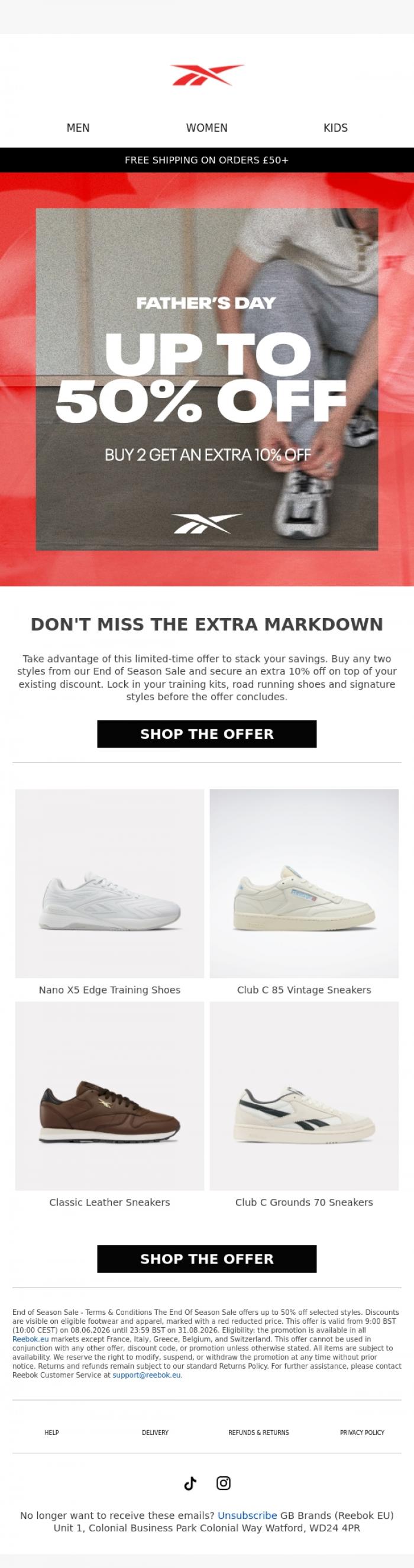 Email Design Inspiration from Reebok EU, Extra 10% off: Father's Day savings end soon