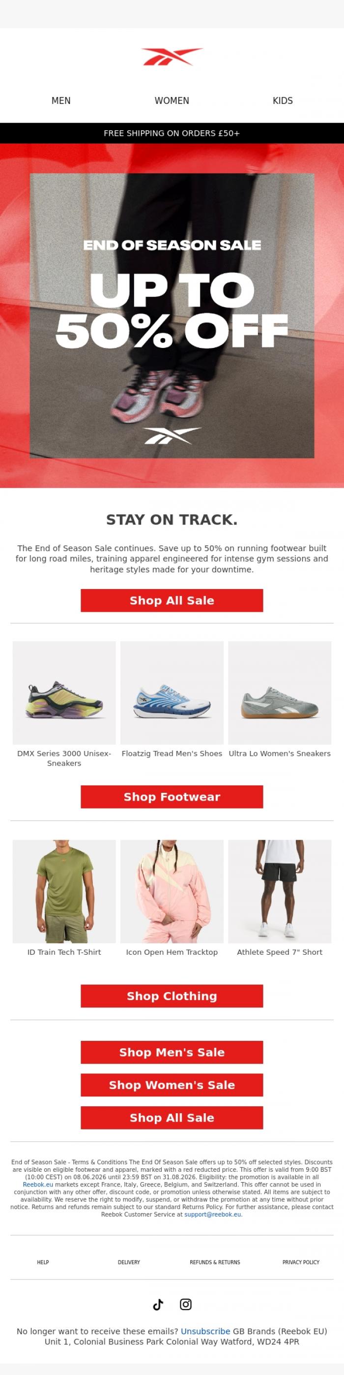 Email Design Inspiration from Reebok EU, Up to 50% off: End of Season Sale