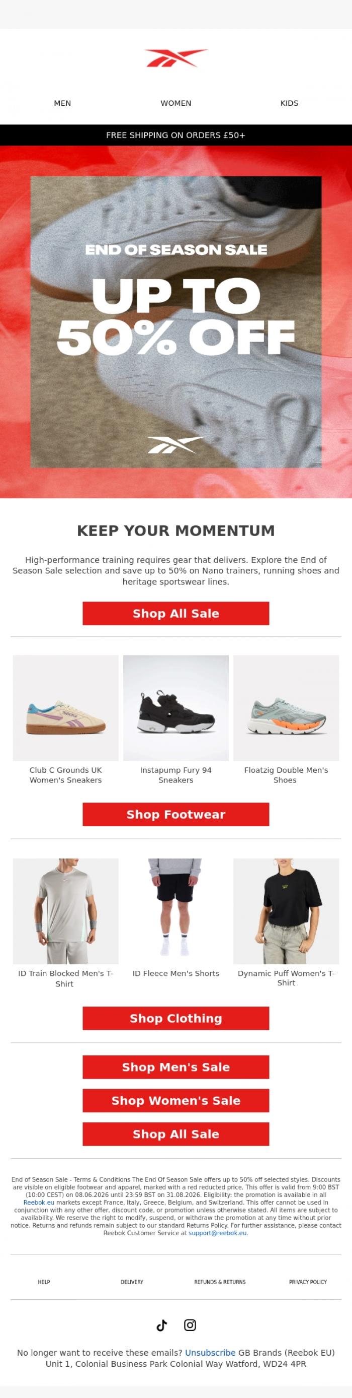 Email Design Inspiration from Reebok EU, Up to 50% off: End of Season Sale