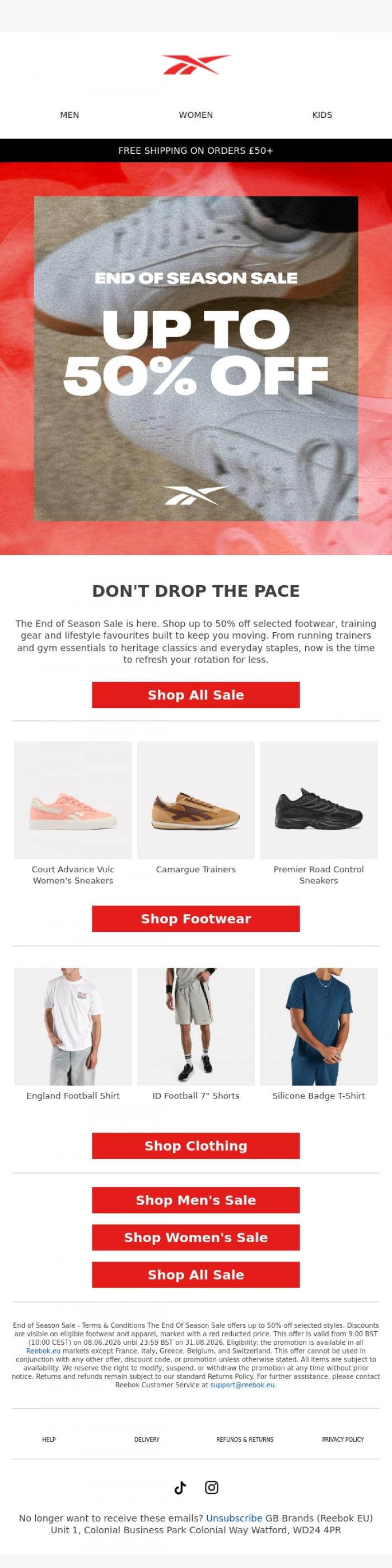 Email Design Inspiration from Reebok EU, Up to 50% Off: The End of Season Sale Is On