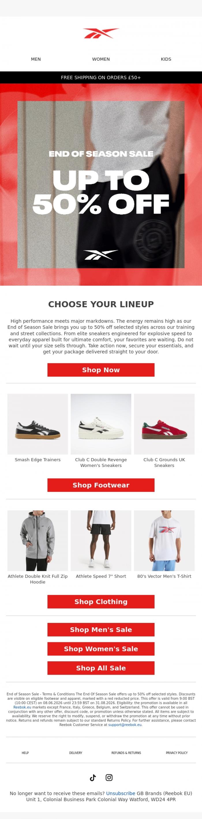 Email Design Inspiration from Reebok EU, Premium sports apparel and footwear are moving fast. Secure your gear today