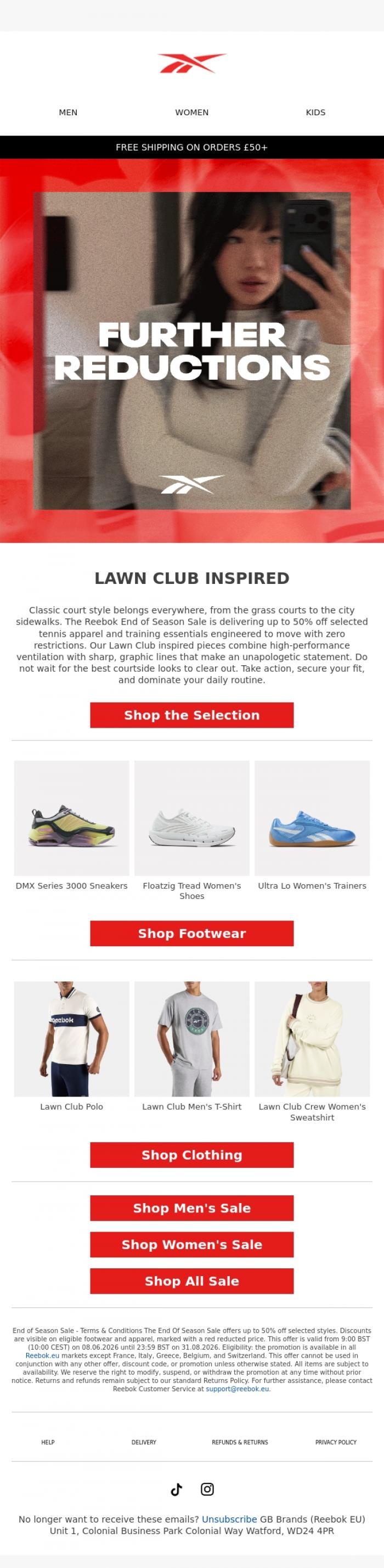 Email Design Inspiration from Reebok EU, Serve A Clean Look. Up To 50% Off Selected Tennis Styles