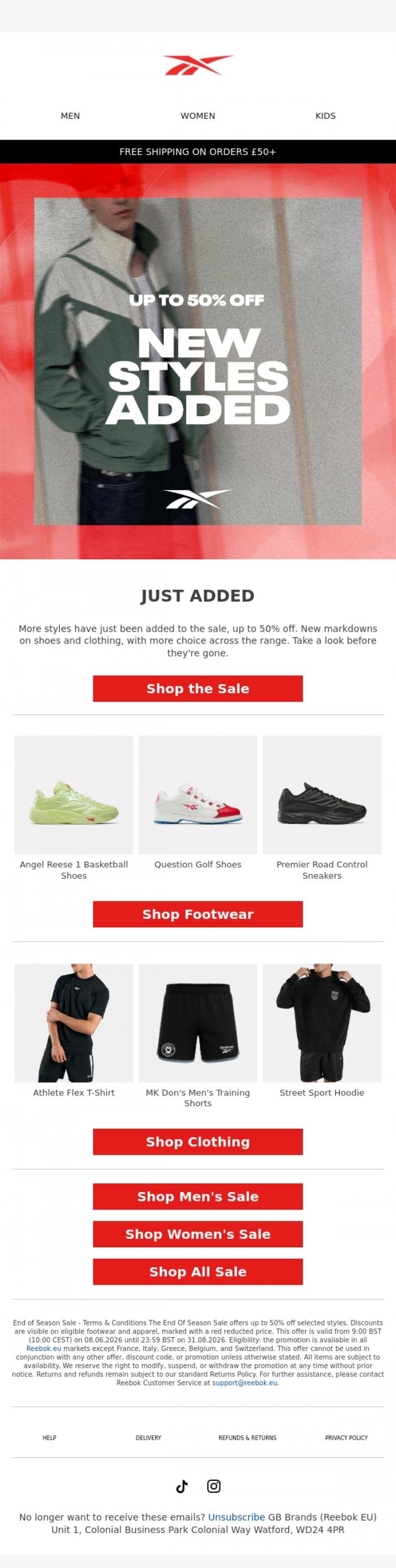 Email Design Inspiration from Reebok EU, New Additions To The Sale