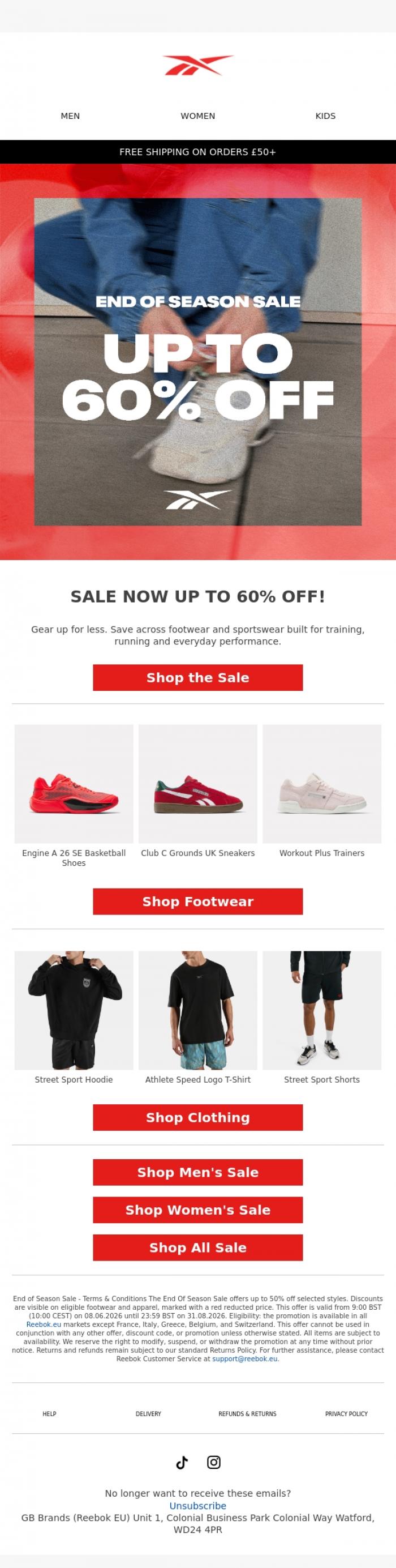 Email Design Inspiration from Reebok EU, Up to 60% Off, End of Season Sale