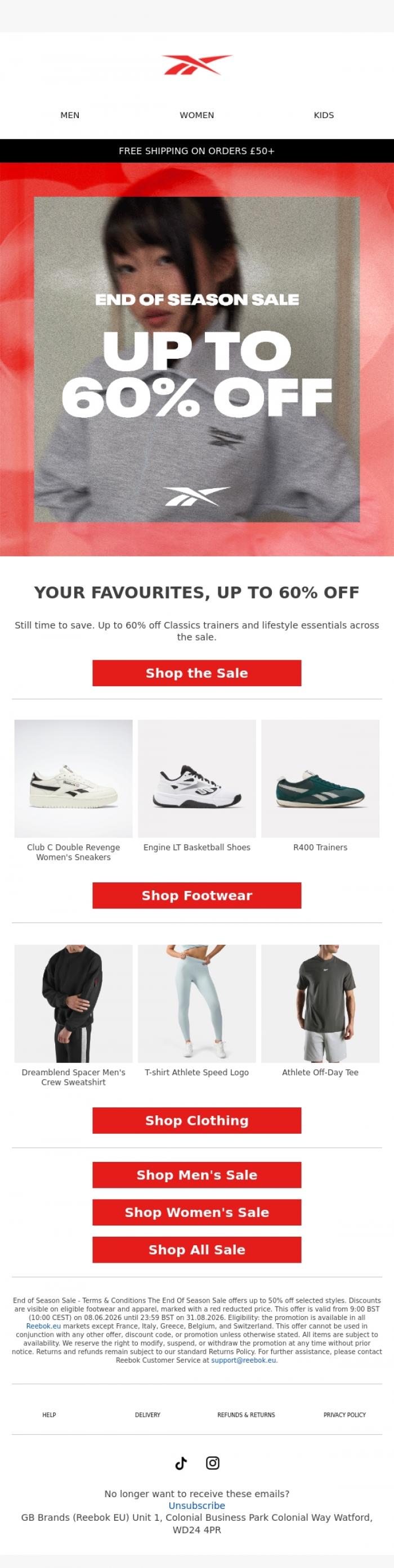 Email Design Inspiration from Reebok EU, Up To 60% Off Continues