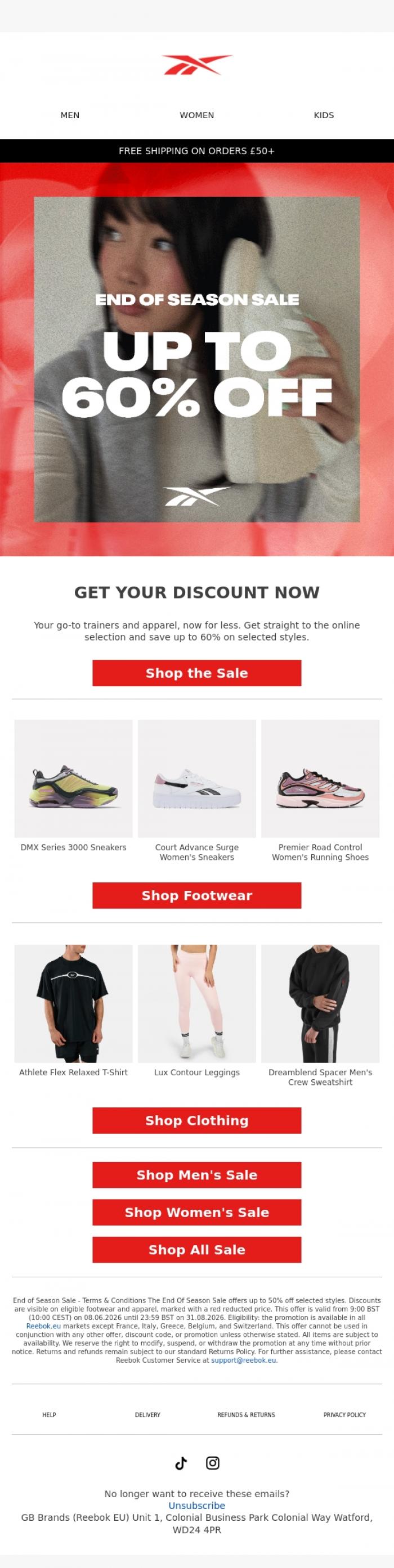 Email Design Inspiration from Reebok EU, Up to 60% off, no detours