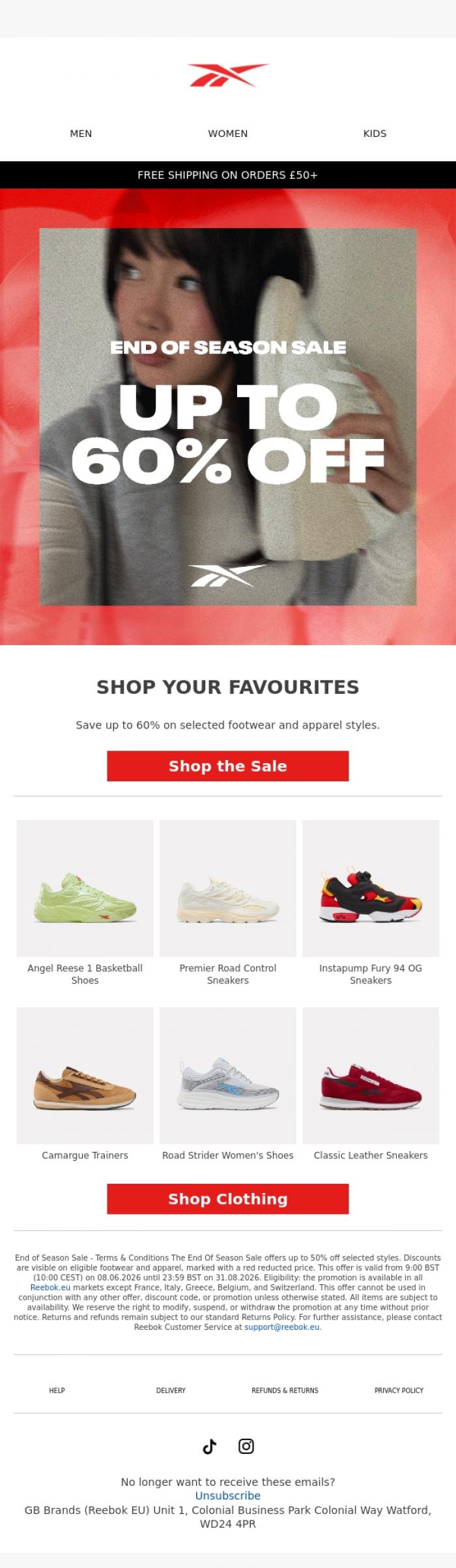 Email Design Inspiration from Reebok EU, Treat Yourself: Up to 60% Off