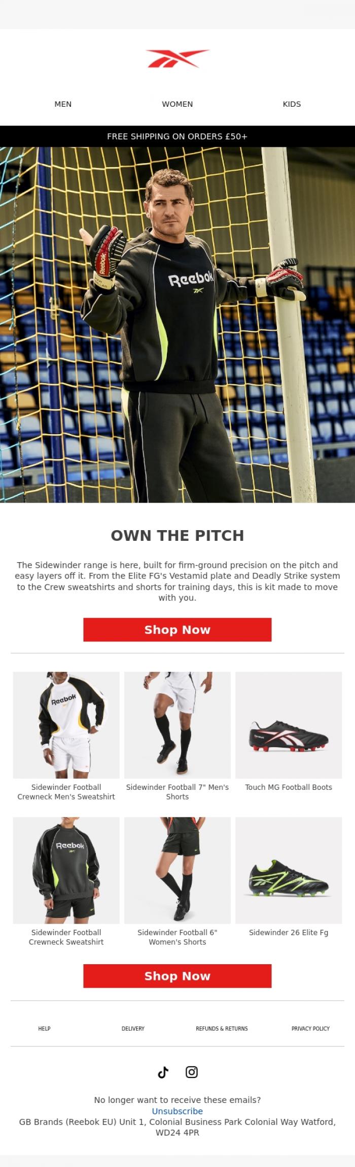 Email Design Inspiration from Reebok EU, Gear up with Sidewinder