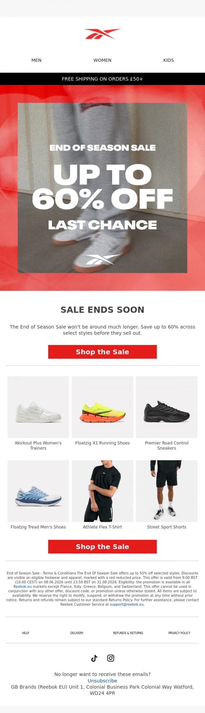 Email Design Inspiration from Reebok EU, The End of Season Sale Ends Soon