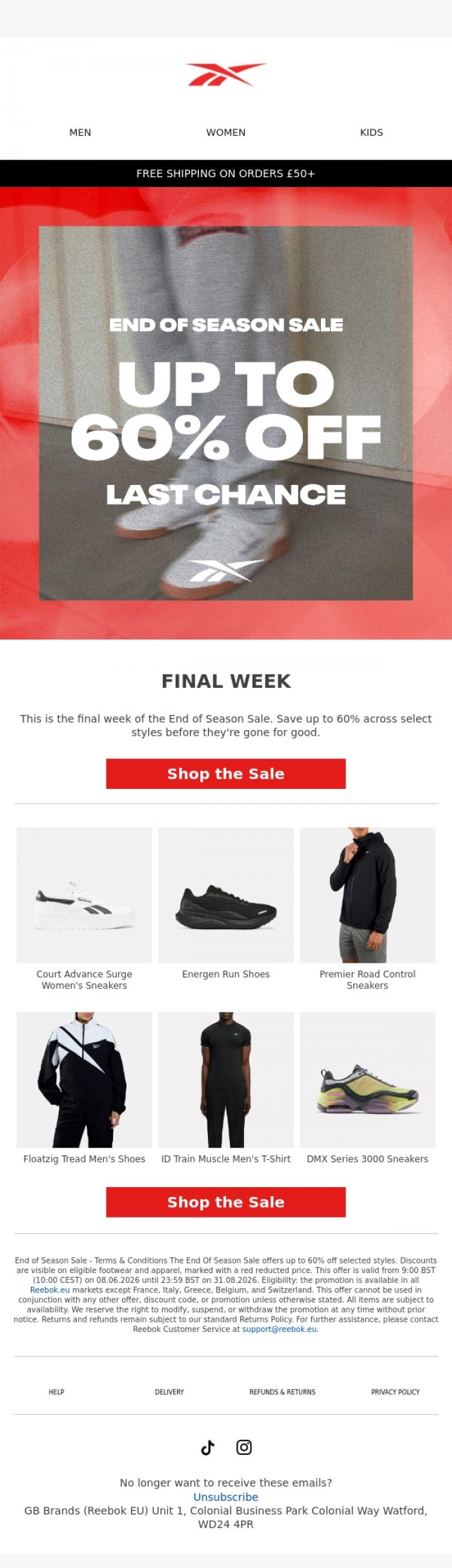 Email Design Inspiration from Reebok EU, Final Week: End Of Season Sale