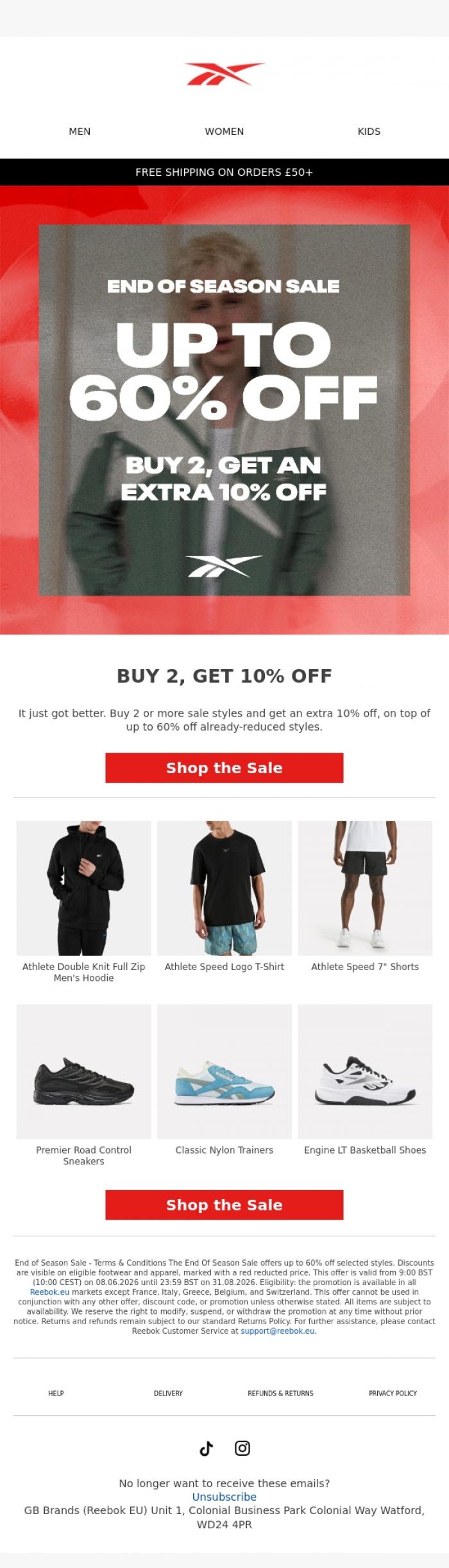 Email Design Inspiration from Reebok EU, Buy 2, Get an Extra 10% Off