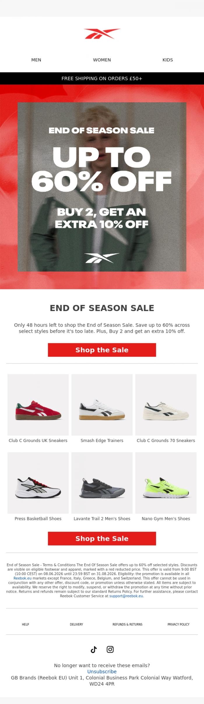 Email Design Inspiration from Reebok EU, 48 Hours Left: End of Season Sale