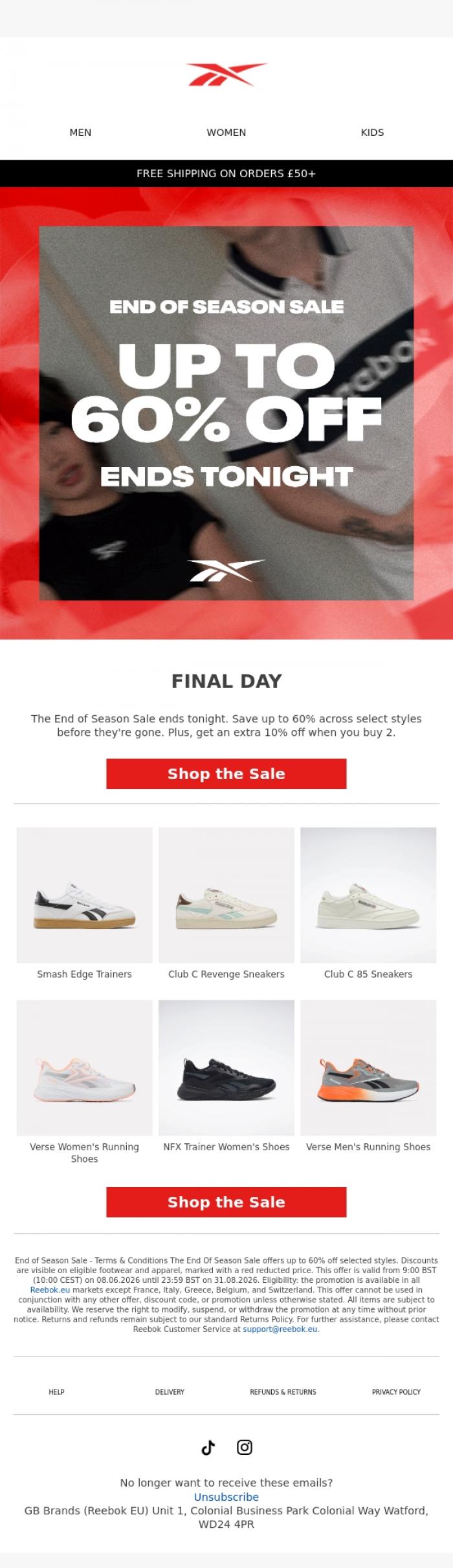 Email Design Inspiration from Reebok EU, Final Day: End of Season Sale