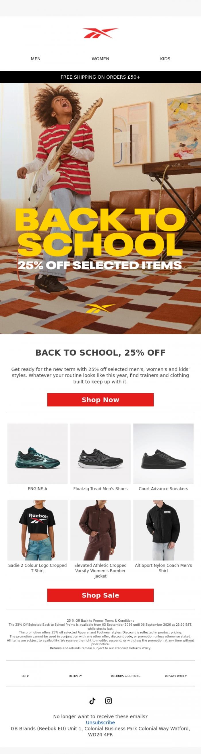 Email Design Inspiration from Reebok EU, 25% Off Back To School Essentials