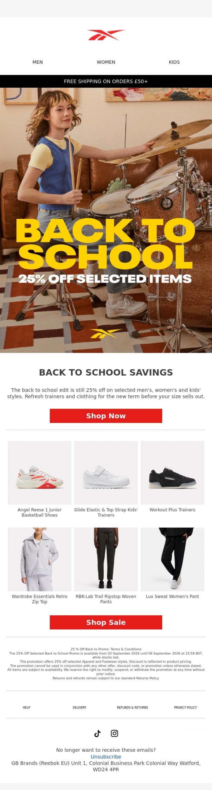 Email Design Inspiration from Reebok EU, 25% Off Back to School Styles