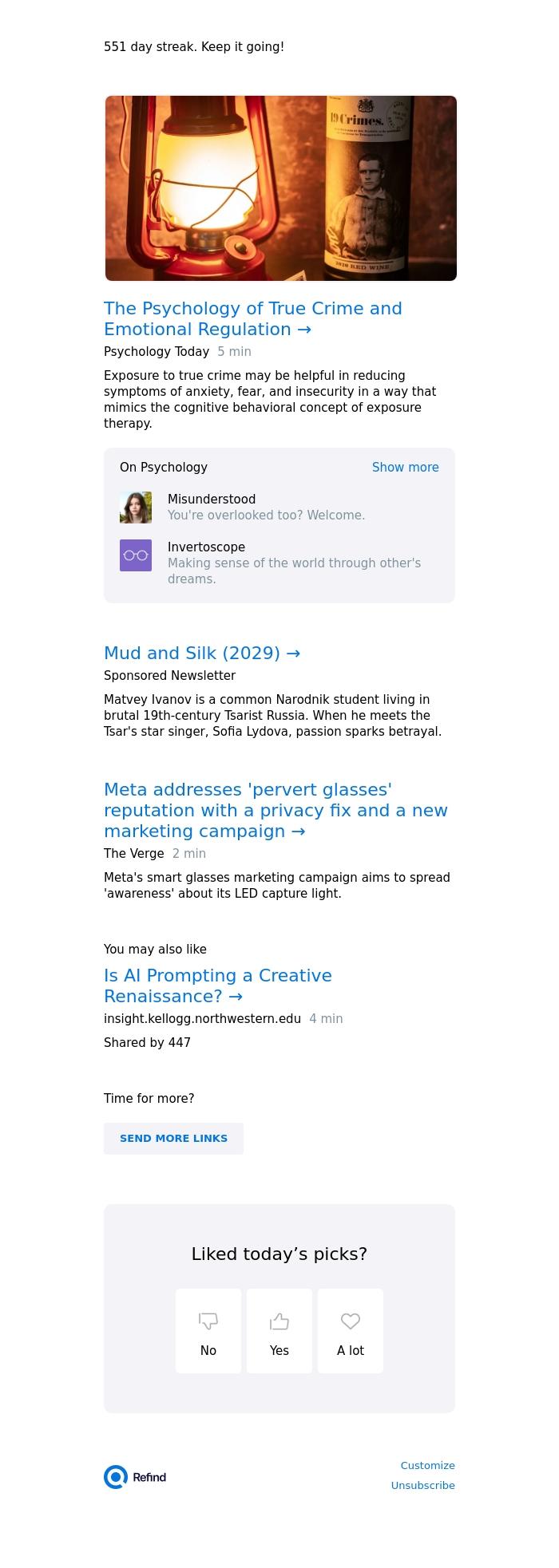 Email Design Inspiration from Refind, ☀️ The Psychology of True Crime and Emotional Regulation