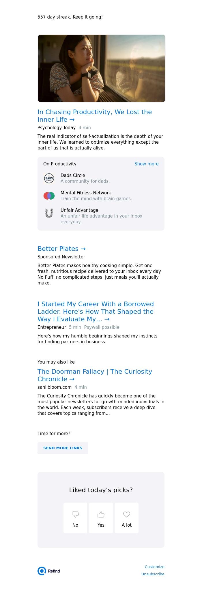 Email Design Inspiration from Refind, ☀️ In Chasing Productivity, We Lost the Inner Life