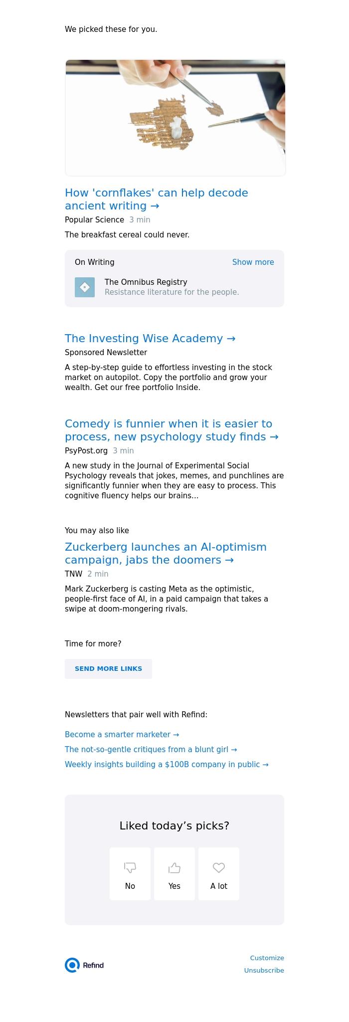 Email Design Inspiration from Refind, ☀️ How 'cornflakes' can help decode ancient writing