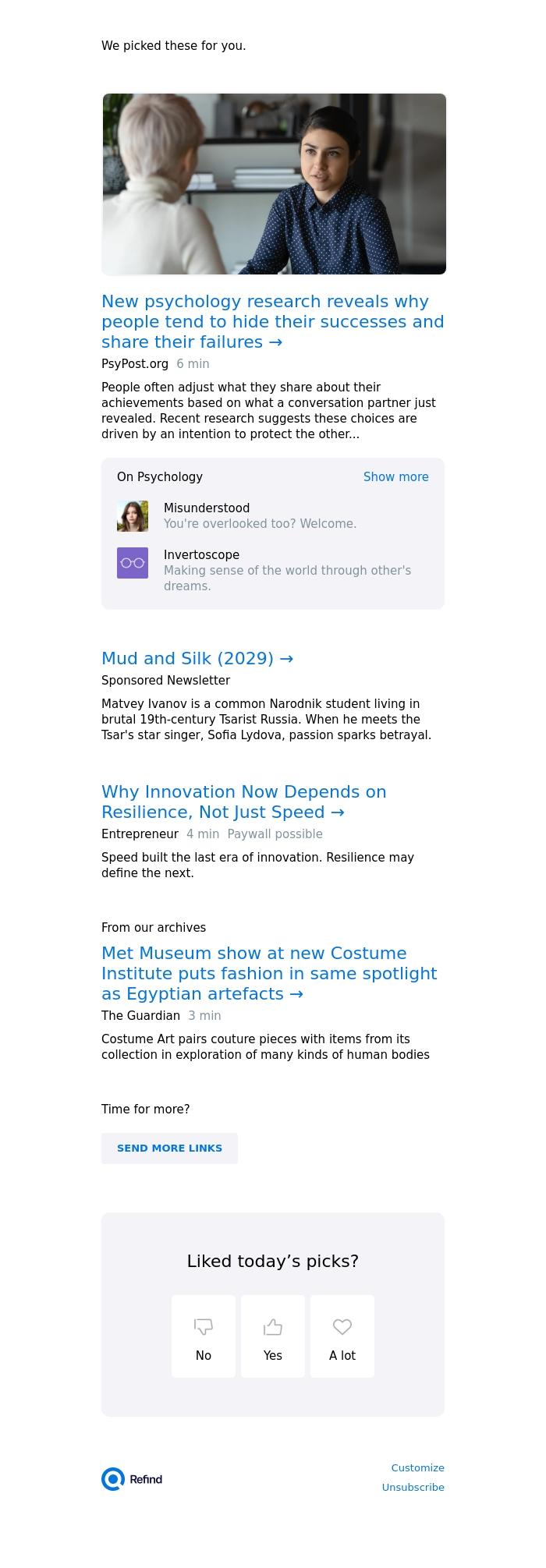 Email Design Inspiration from Refind, ☀️ New psychology research reveals why people tend to hide their successes and...