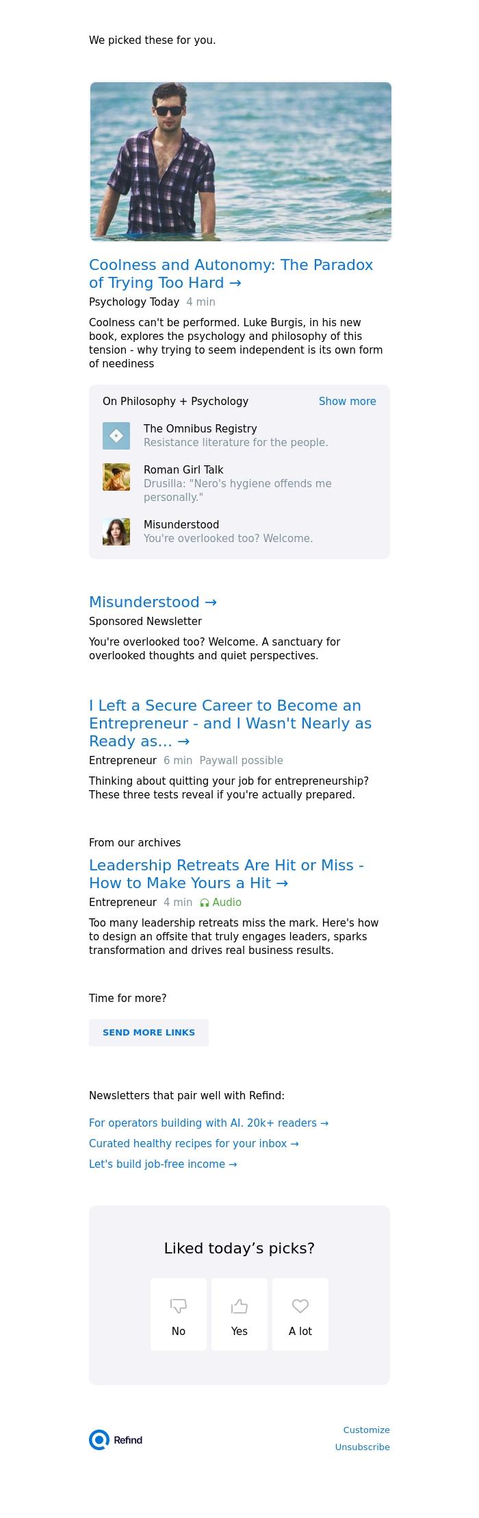 Email Design Inspiration from Refind, ☀️ Coolness and Autonomy: The Paradox of Trying Too Hard